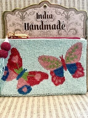 New! Made in India. Beaded Butterfly Zip Wallet - Light Blue & Pink